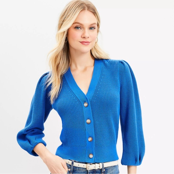 NWT LOFT 💙 Ribbed Pleated Shoulder V-Neck Cardigan - Picture 1 of 6